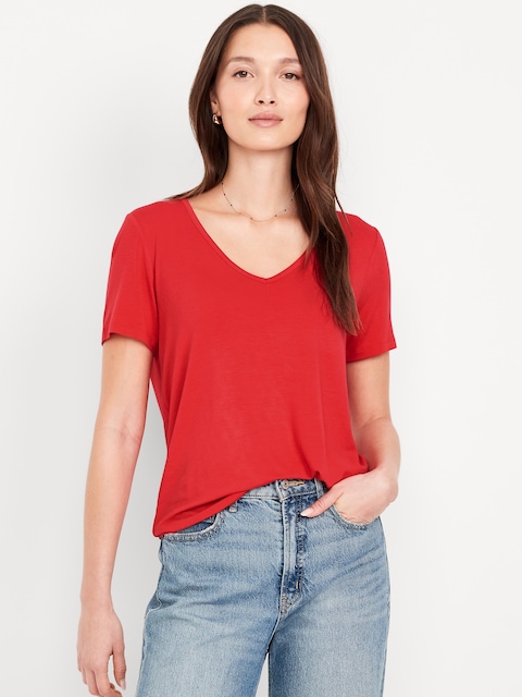 Luxe V-Neck T-Shirt - Bright Coral