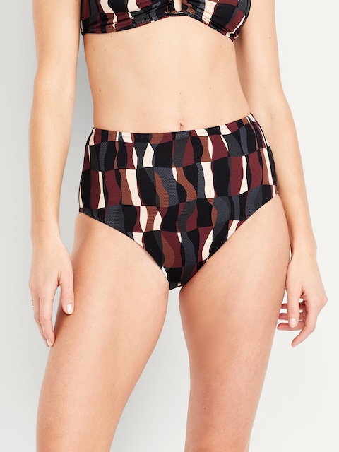 High-Waisted Textured Bikini Swim Bottoms - Brown Geo