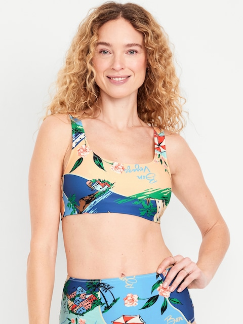 Matte Scoop-Neck Bikini Swim Top - Beach Scene