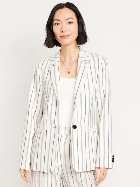 Taylor Fitted Linen-Blend Suit Blazer - Gray Stripe