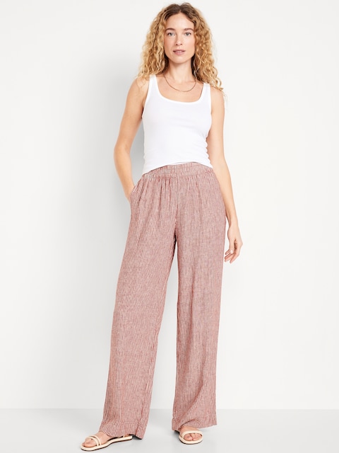 High-Waisted Linen-Blend Wide-Leg Pants - Red Stripe