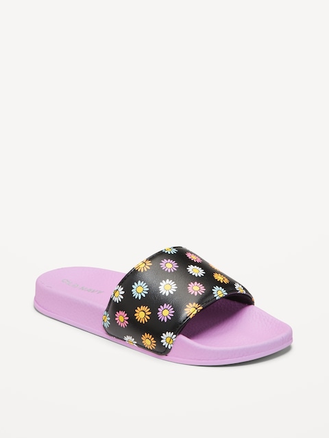 Printed Faux-Leather Pool Slide Sandals for Girls - Black Multi Flower