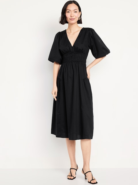 Waist-Defined Puff-Sleeve Midi Dress - Black Jack