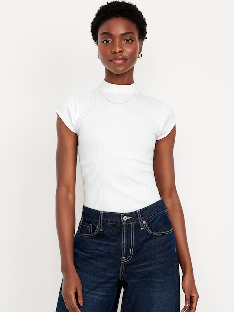 Ribbed Mock-Neck Top - White Lilies