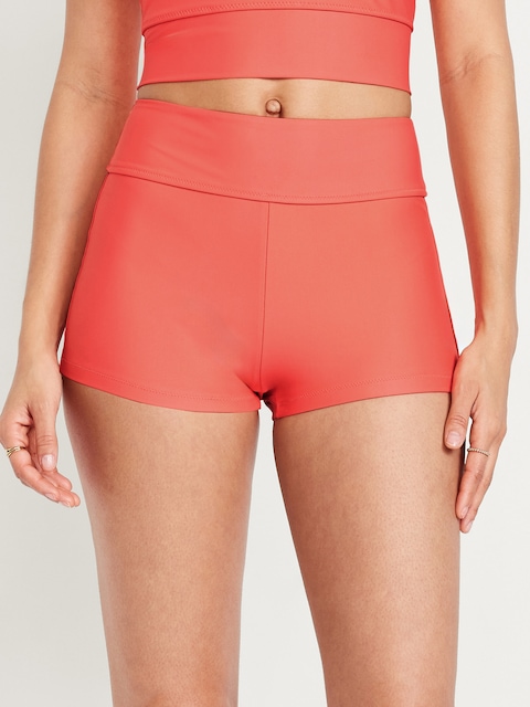 High-Waisted Matte Swim Shorts -- 2-inch inseam - Coral Tropics