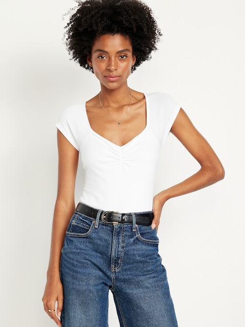 Double-Layer Cinched Bodysuit - White Lilies