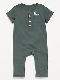 Image number 2 showing, Short-Sleeve Henley Linen-Blend One-Piece for Baby