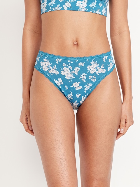 High-Waisted Lace-Trim Bikini Underwear - Blue Floral