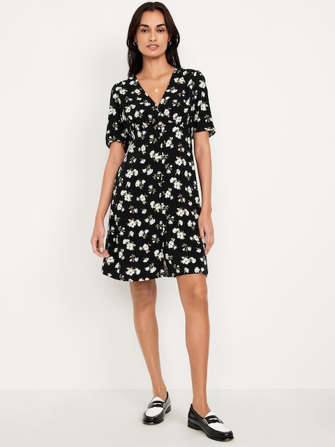 Button-Down Crepe Mini Dress - Black Floral