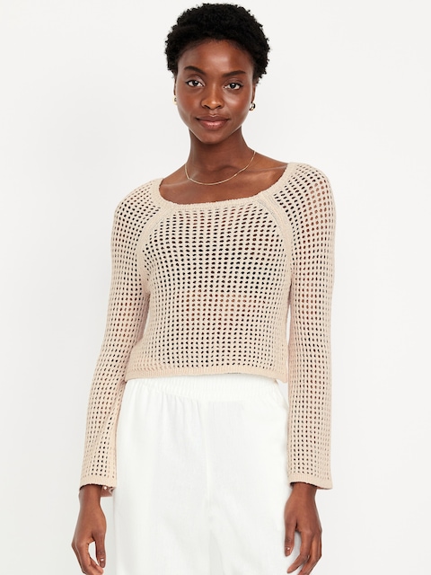 Open-Stitch Cropped Bouclé Sweater - Wish Bone