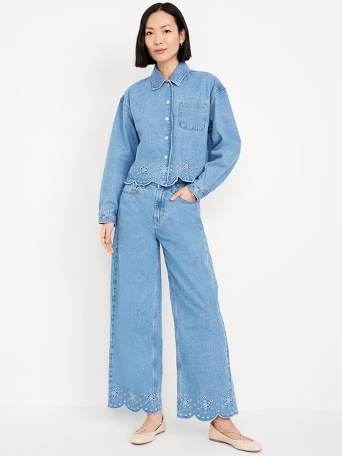 High-Waisted Baggy Wide-Leg Eyelet Ankle Jeans - Light Wash Eyelet