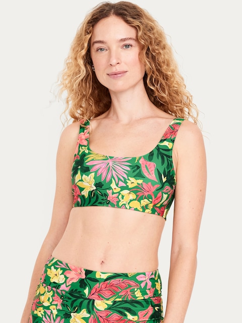 Matte Scoop-Neck Bikini Swim Top - Green Floral
