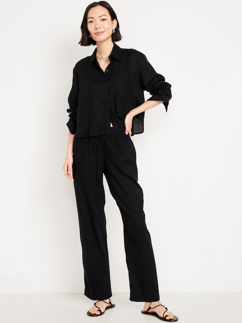 High-Waisted Linen-Blend Straight Ankle Pants - Black Jack