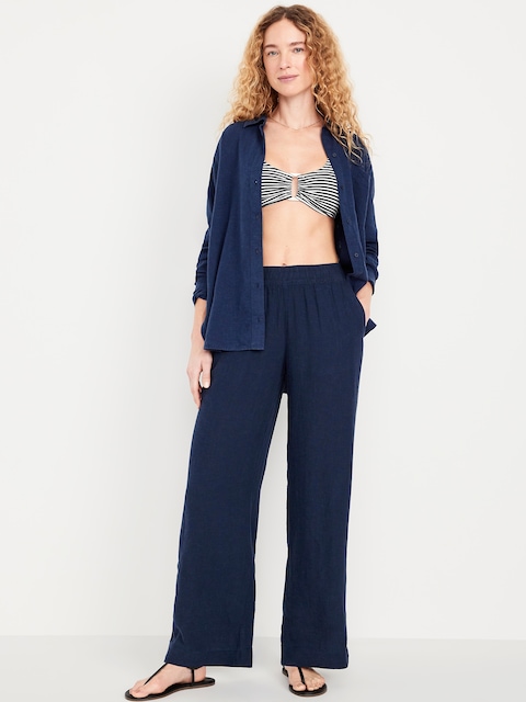 High-Waisted Linen-Blend Wide-Leg Pants - Indigo