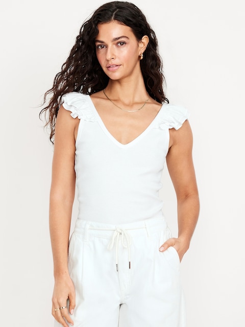 Ruffle-Trim Mixed Material Top - White Lilies