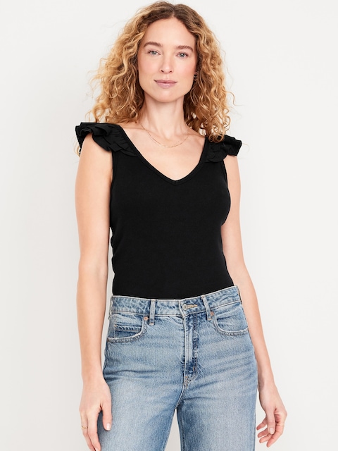 Ruffle-Trim Mixed Material Top - Black Jack