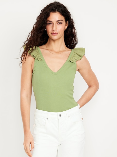 Ruffle-Trim Mixed Material Top - Dandelion Leaf