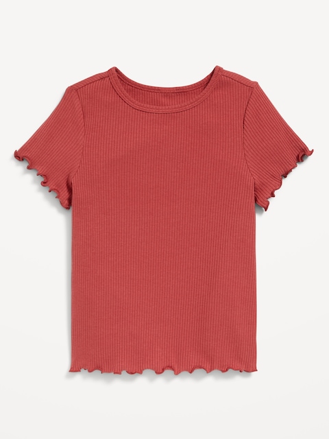 Short-Sleeve Lettuce-Edge Ribbed T-Shirt for Toddler Girls - Carmine