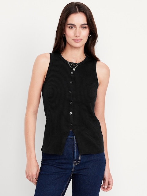 Button-Down Ribbed Top - Black Jack