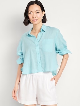 Linen-Blend Button-Down Crop Shirt - image 3