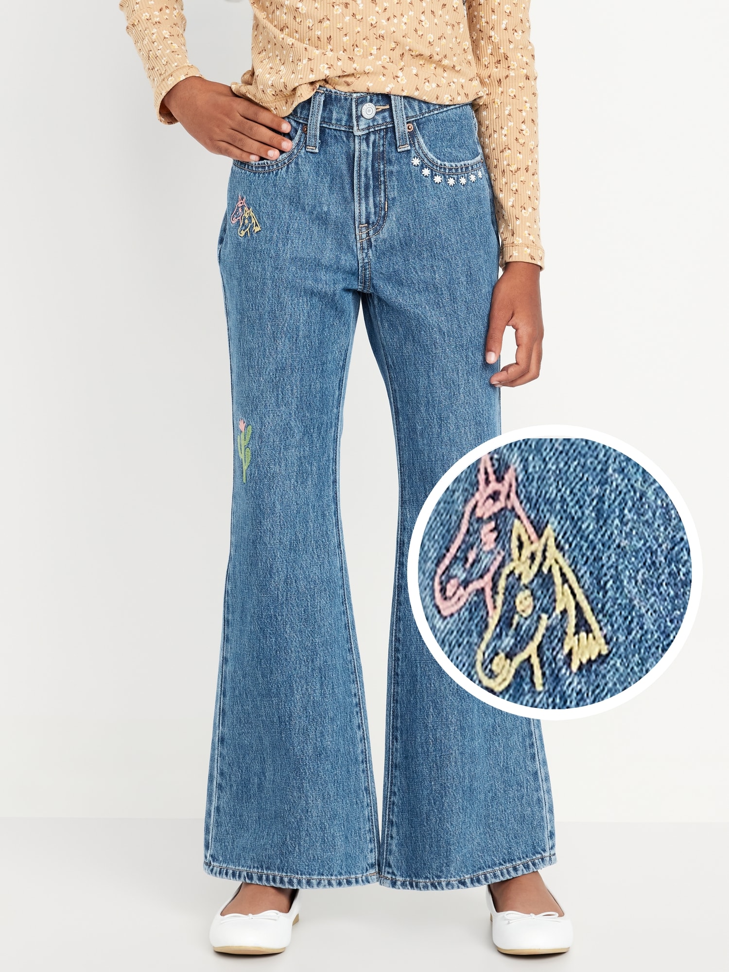 High-Waisted Super Baggy Embroidered Flare-Leg Jeans for Girls