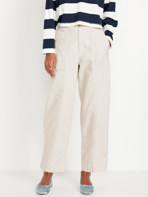 High-Waisted Canvas Barrel Ankle Pants - Silver Gray