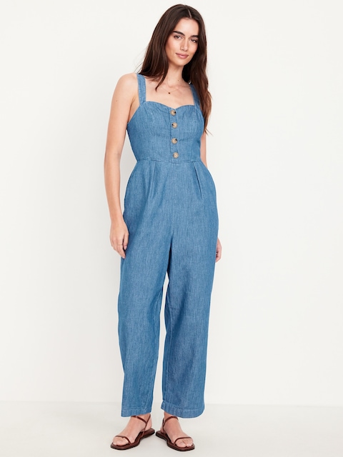 Button-Front Cami Jumpsuit - Medium Wash