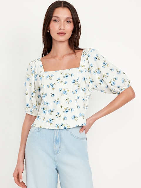 Puff-Sleeve Linen-Blend Floral Top - White Floral