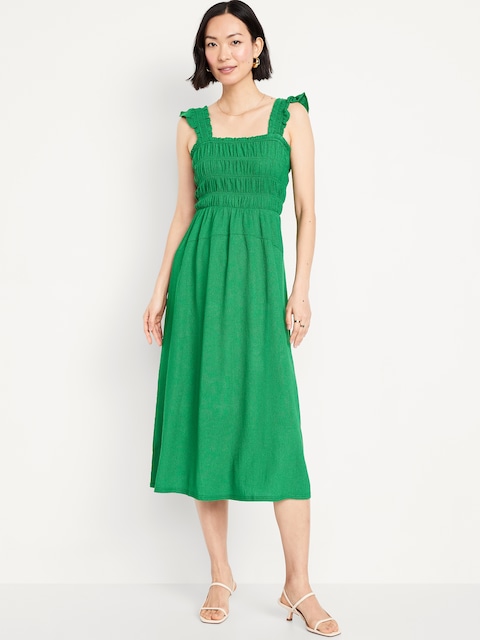 Fit & Flare Lightweight Smocked Midi Dress - Green Tarp