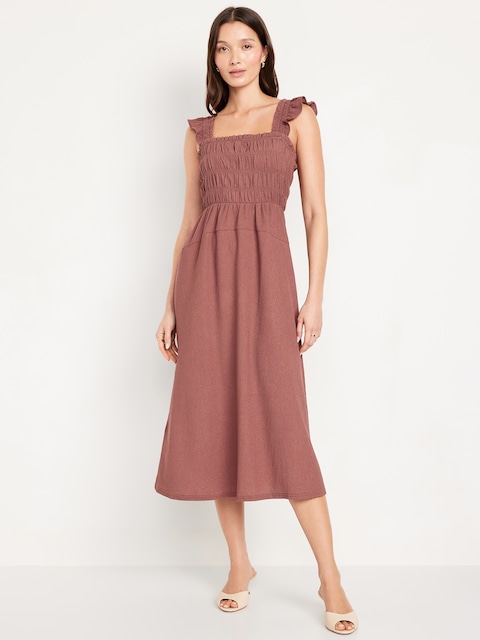 Fit & Flare Lightweight Smocked Midi Dress - Warm Taupe