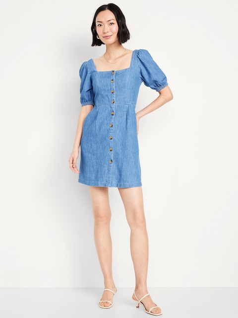 Puff-Sleeve Jean Mini Dress - Medium Wash