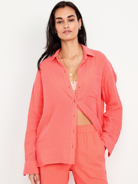 Crinkle Gauze Loose Button-Down Shirt - Coral Tropics
