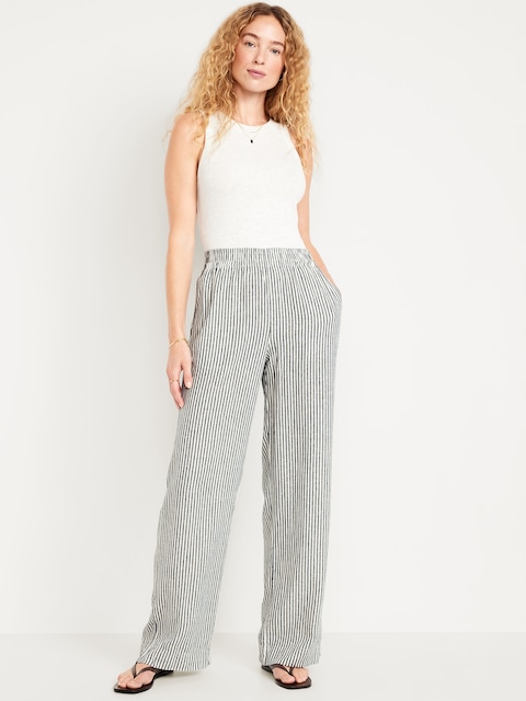 High-Waisted Linen-Blend Wide-Leg Pants - Blue
