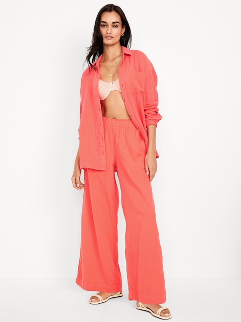 High-Waisted Crinkle Gauze Super Wide-Leg Pants - Coral Tropics