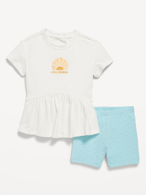 Graphic Peplum T-Shirt and Biker Shorts Set for Toddler Girls - Sea Salt
