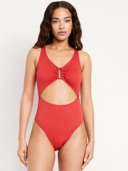 Image number 1 showing, Textured One-Piece Cut-Out Swimsuit