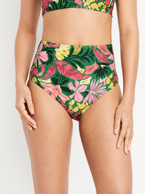 Matte High-Waisted Bikini Swim Bottoms - Green Floral