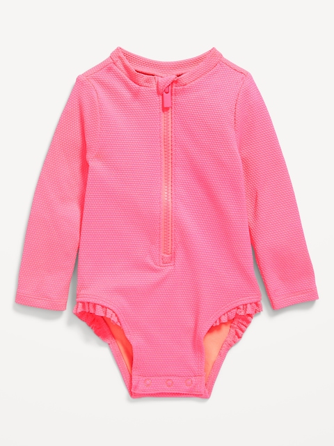 Textured Zip-Front Rashguard One-Piece Swimsuit for Baby - Miami Pink