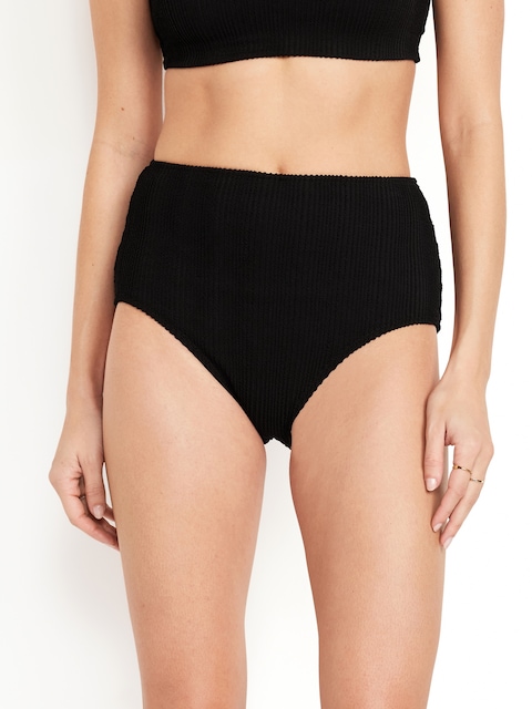 High-Waisted Ribbed Bikini Swim Bottoms - Black Jack