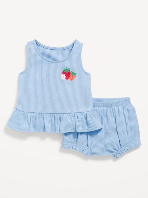Sleeveless Ribbed Ruffle-Trim Top and Shorts Set for Baby