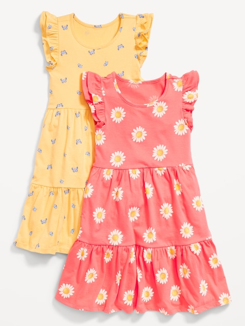 Printed Short-Sleeve Tiered Swing Dress for Girls - Pink Floral