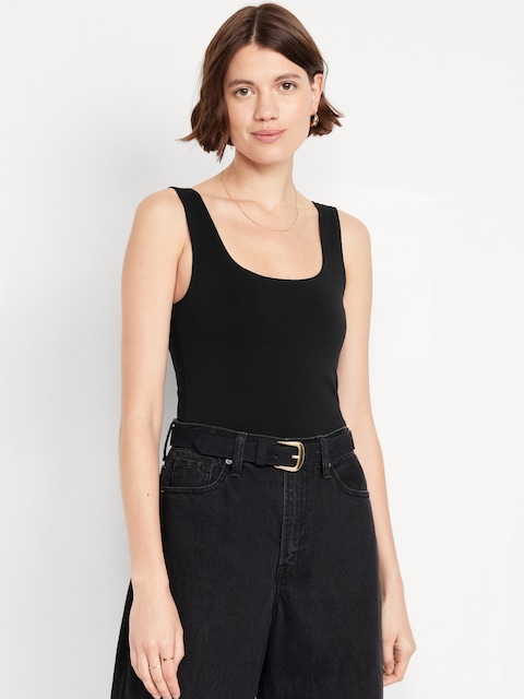 Fitted Double-Layer Scoop-Neck Tank Top - Black Jack