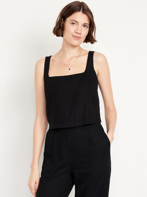 Cropped Square-Neck Linen-Blend Top - Black Jack