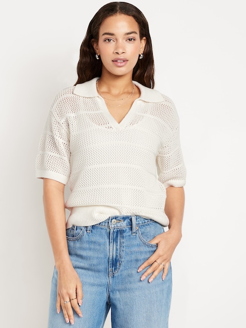 Open-Stitch Polo Sweater