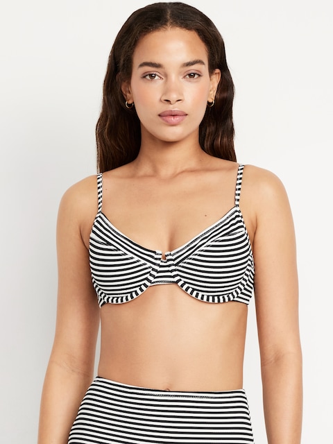 Textured Underwire Balconette Swim Top - Black White Stripe