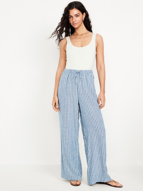 High-Waisted Linen-Blend Super Wide-Leg Pants - Blue Stripe