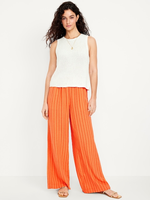 High-Waisted Linen-Blend Super Wide-Leg Pants - Orange Stripe