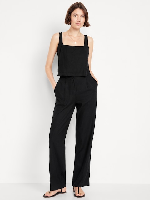 Extra High-Waisted Linen-Blend Taylor Wide-Leg Trouser Pants - Black