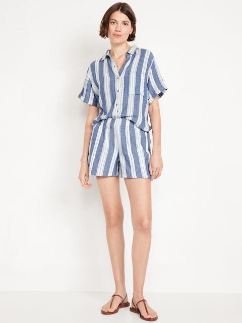 High-Waisted Crinkle Gauze Shorts -- 4-inch inseam - Blue Stripe