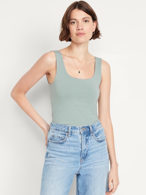 Fitted Double-Layer Scoop-Neck Tank Top - Silver Sage